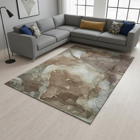 8' X 10' Brown Ivory And Gray Abstract Washable Area Rug With UV Protection