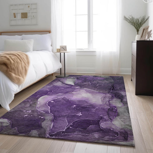 8' X 10' Purple Ivory And Gray Abstract Washable Area Rug With UV Protection