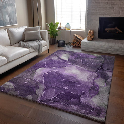 8' X 10' Purple Ivory And Gray Abstract Washable Area Rug With UV Protection
