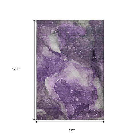 8' X 10' Purple Ivory And Gray Abstract Washable Area Rug With UV Protection