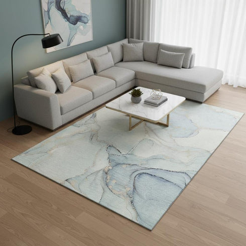 8' X 10' Sky Blue And Ivory Abstract Washable Area Rug With UV Protection