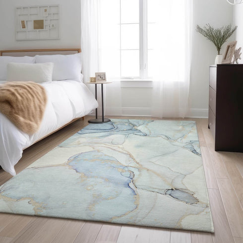 8' X 10' Sky Blue And Ivory Abstract Washable Area Rug With UV Protection