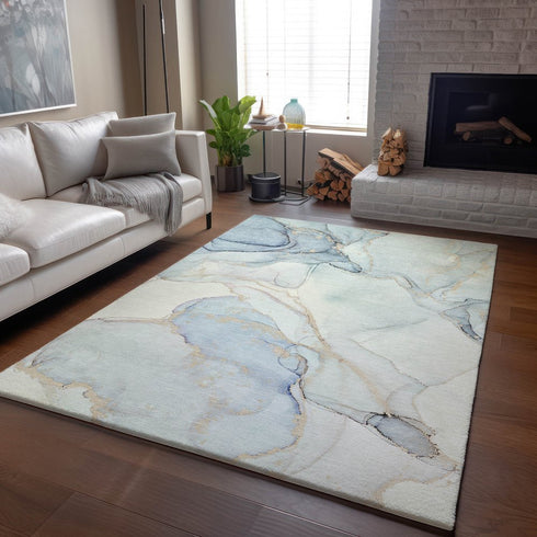 8' X 10' Sky Blue And Ivory Abstract Washable Area Rug With UV Protection