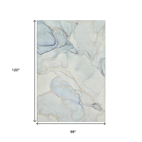 8' X 10' Sky Blue And Ivory Abstract Washable Area Rug With UV Protection