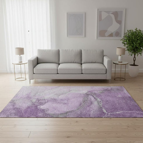 5' X 8' Lilac And Ivory Abstract Washable Area Rug With UV Protection