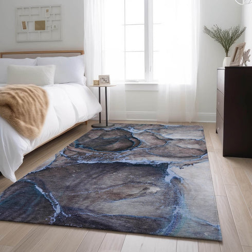 8' X 10' Navy Blue And Gray Abstract Washable Area Rug With UV Protection
