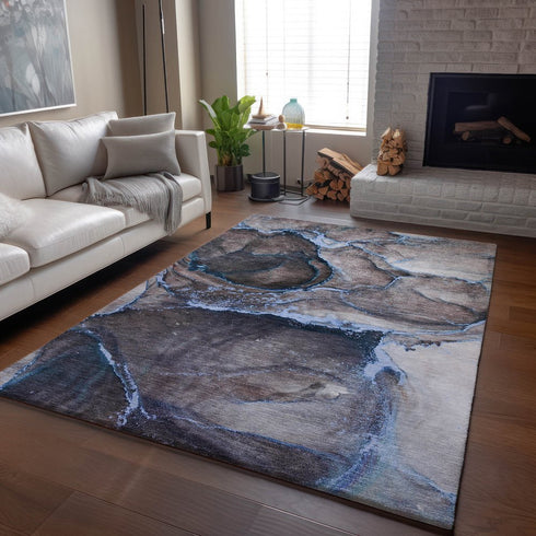8' X 10' Navy Blue And Gray Abstract Washable Area Rug With UV Protection