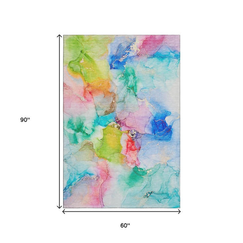 5' X 8' Blue Green And Purple Abstract Washable Area Rug With UV Protection