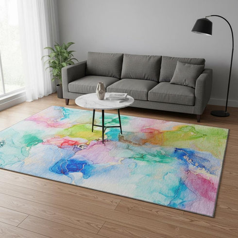 5' X 8' Blue Green And Purple Abstract Washable Area Rug With UV Protection