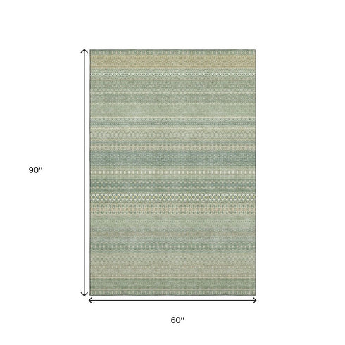 5' X 8' Fern Green And Ivory Striped Washable Area Rug With UV Protection