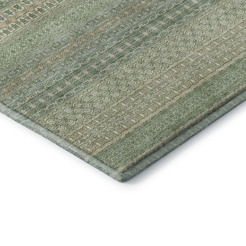 5' X 8' Fern Green And Ivory Striped Washable Area Rug With UV Protection