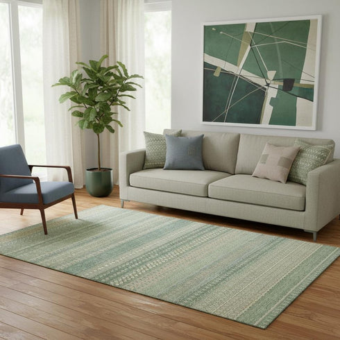 5' X 8' Fern Green And Ivory Striped Washable Area Rug With UV Protection