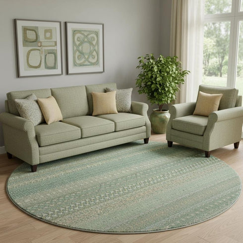 8' Fern Green And Ivory Striped Washable Round Rug With UV Protection