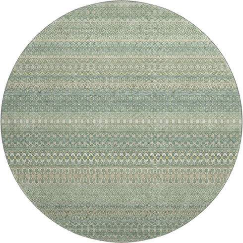 8' Fern Green And Ivory Striped Washable Round Rug With UV Protection