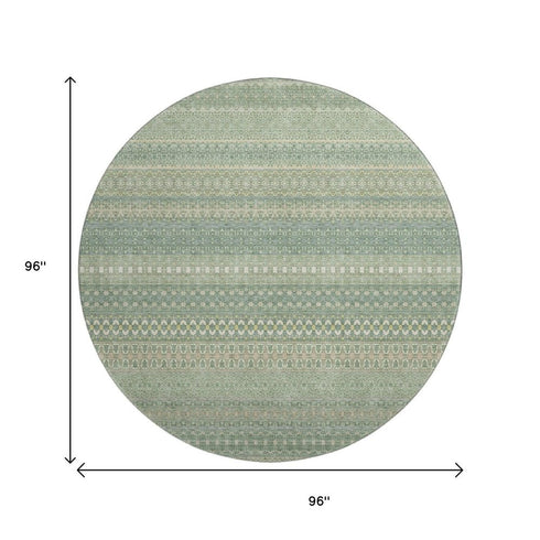 8' Fern Green And Ivory Striped Washable Round Rug With UV Protection