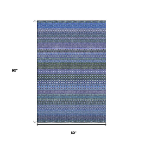 5' X 8' Blue And Ivory Striped Washable Area Rug With UV Protection