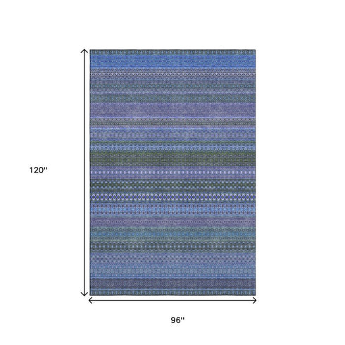 8' X 10' Blue And Ivory Striped Washable Area Rug With UV Protection