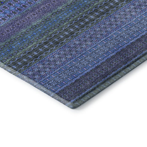 8' X 10' Blue And Ivory Striped Washable Area Rug With UV Protection
