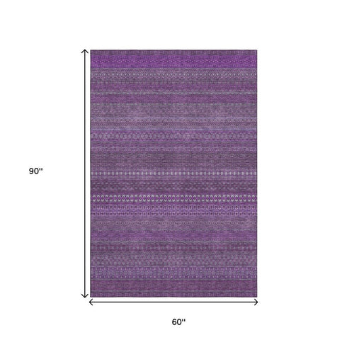 5' X 8' Eggplant And Ivory Striped Washable Area Rug With UV Protection