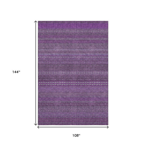 9' X 12' Eggplant And Ivory Striped Washable Area Rug With UV Protection