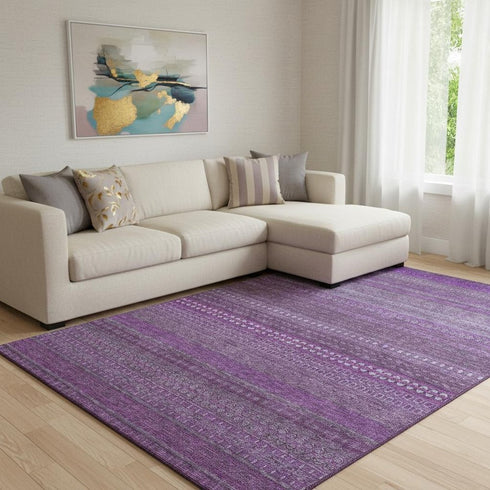 9' X 12' Eggplant And Ivory Striped Washable Area Rug With UV Protection