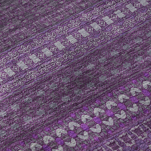 9' X 12' Eggplant And Ivory Striped Washable Area Rug With UV Protection