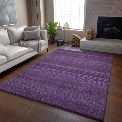 9' X 12' Eggplant And Ivory Striped Washable Area Rug With UV Protection