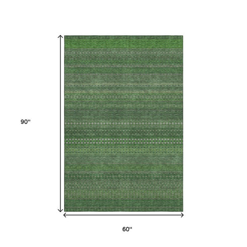 5' X 8' Fern Green And Ivory Striped Washable Area Rug With UV Protection