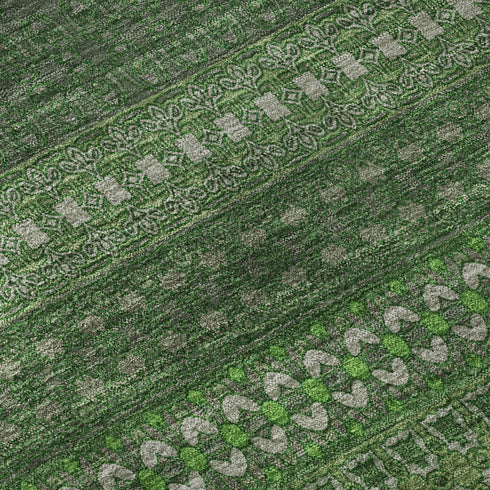 5' X 8' Fern Green And Ivory Striped Washable Area Rug With UV Protection
