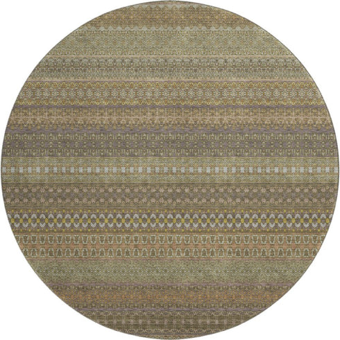 8' Khaki And Ivory Striped Washable Round Rug With UV Protection