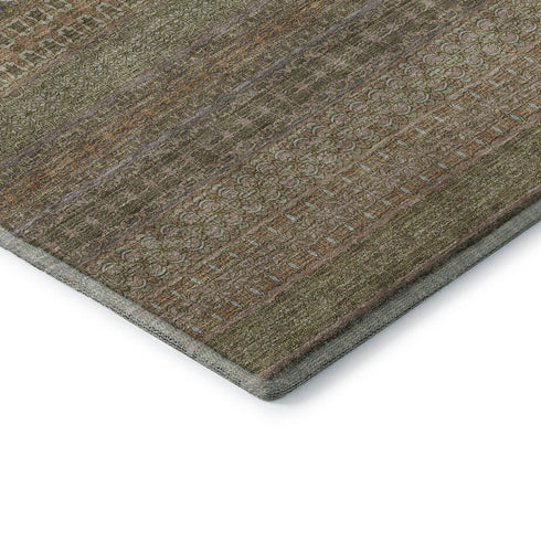 8' Khaki And Ivory Striped Washable Round Rug With UV Protection