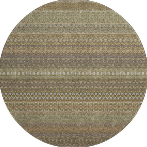 8' Khaki And Ivory Striped Washable Round Rug With UV Protection