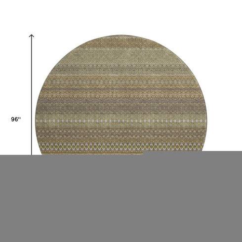 8' Khaki And Ivory Striped Washable Round Rug With UV Protection
