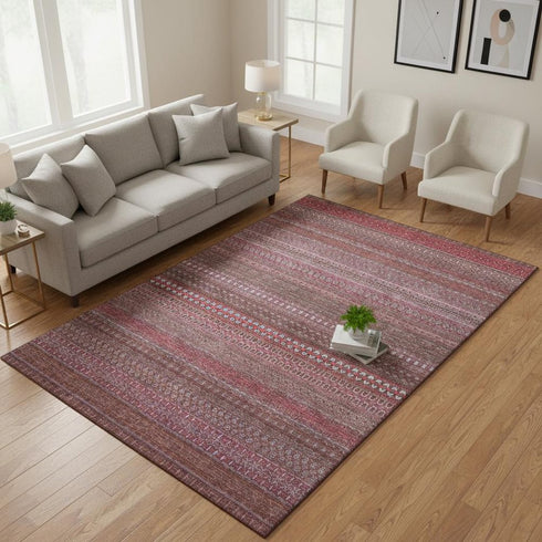 5' X 8' Merlot And Ivory Striped Washable Area Rug With UV Protection