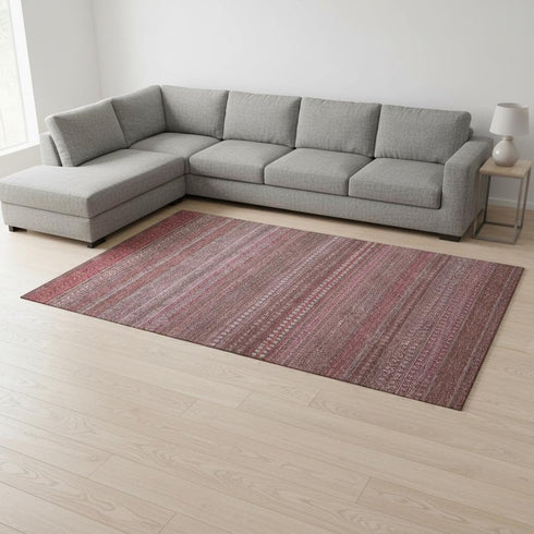 8' X 10' Merlot And Ivory Striped Washable Area Rug With UV Protection