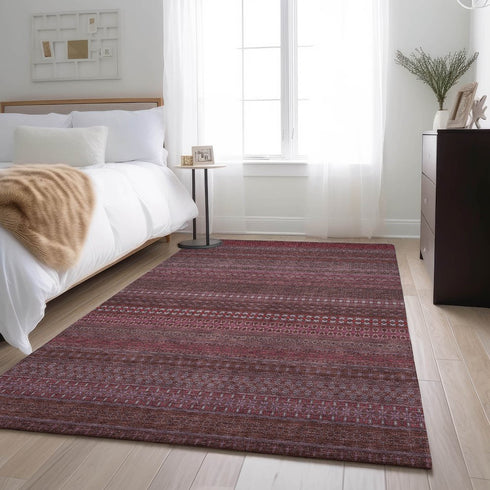 8' X 10' Merlot And Ivory Striped Washable Area Rug With UV Protection