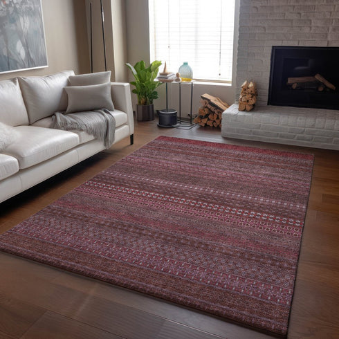 8' X 10' Merlot And Ivory Striped Washable Area Rug With UV Protection