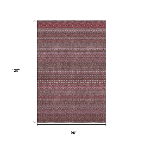 8' X 10' Merlot And Ivory Striped Washable Area Rug With UV Protection