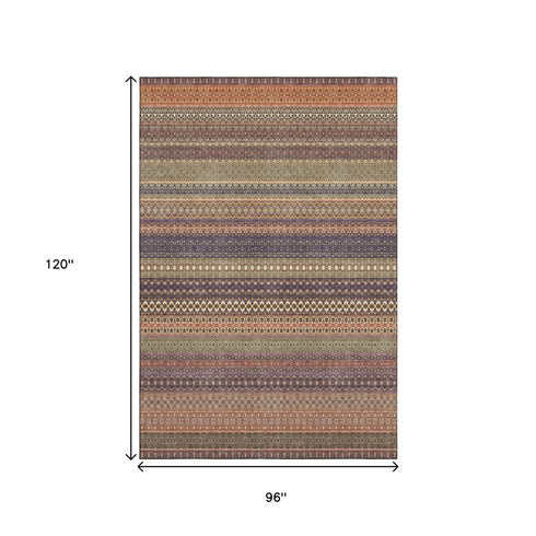 8' X 10' Rust And Purple Striped Washable Area Rug With UV Protection