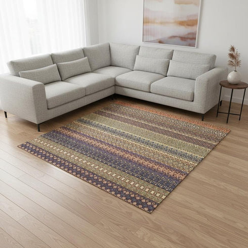 8' X 10' Rust And Purple Striped Washable Area Rug With UV Protection