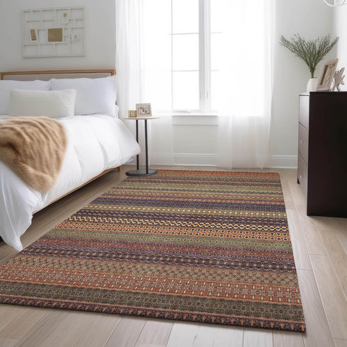 8' X 10' Rust And Purple Striped Washable Area Rug With UV Protection
