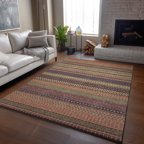8' X 10' Rust And Purple Striped Washable Area Rug With UV Protection