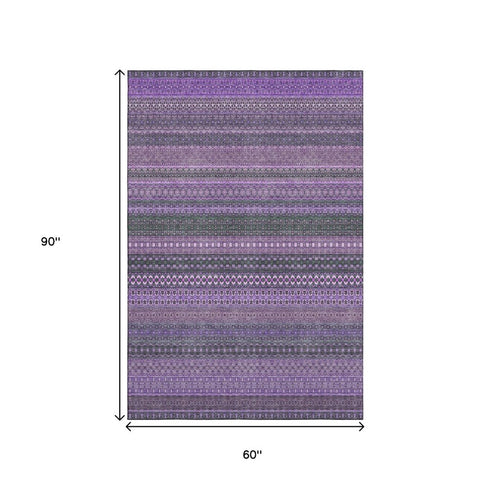 5' X 8' Purple And Ivory Striped Washable Area Rug With UV Protection