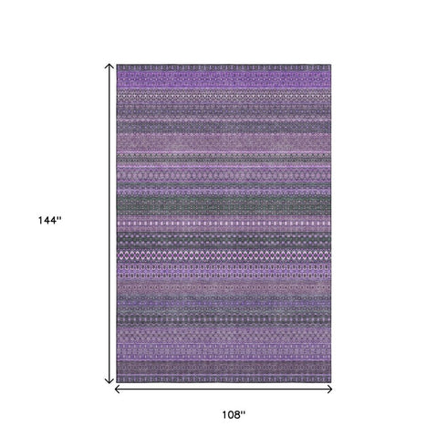 9' X 12' Purple And Ivory Striped Washable Area Rug With UV Protection