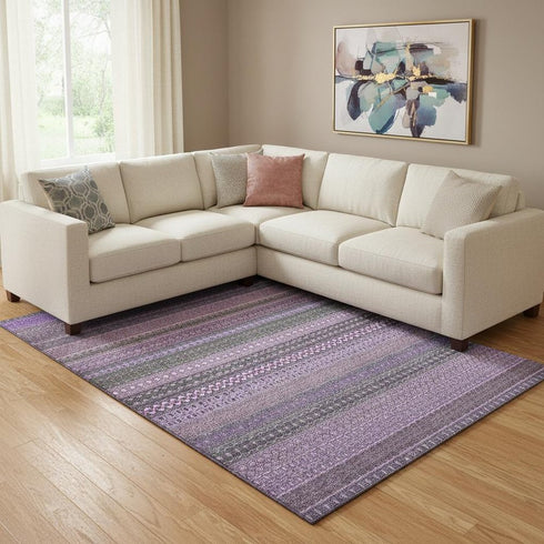 9' X 12' Purple And Ivory Striped Washable Area Rug With UV Protection