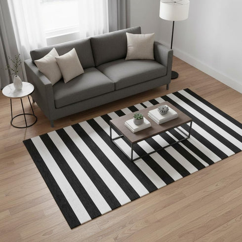 5' X 8' Black And Ivory Striped Washable Area Rug With UV Protection