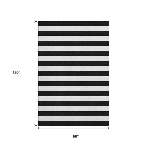 8' X 10' Black And Ivory Striped Washable Area Rug With UV Protection