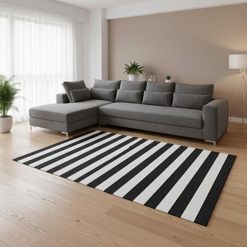8' X 10' Black And Ivory Striped Washable Area Rug With UV Protection