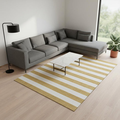 8' X 10' Gold And Ivory Striped Washable Area Rug With UV Protection