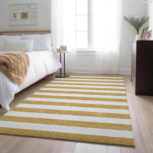 8' X 10' Gold And Ivory Striped Washable Area Rug With UV Protection